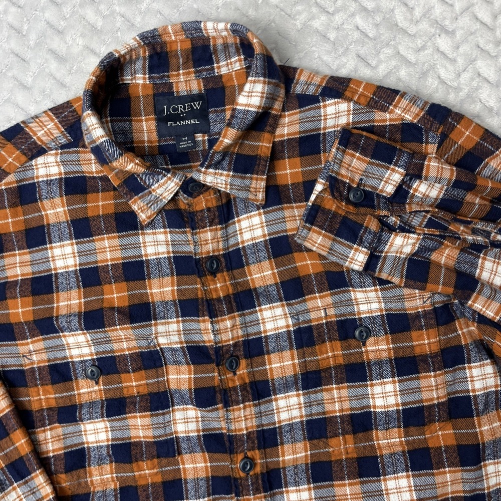 J. Crew Lightweight Flannel Shirt Mens M Orange Blue Plaid Workwear Outdoor